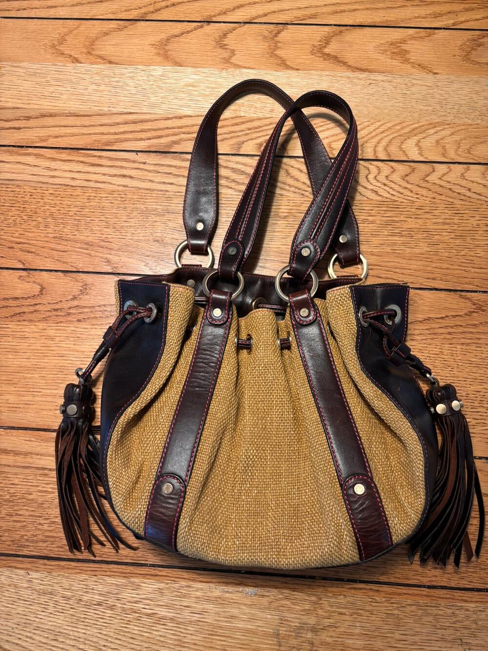 Ellen Tracy Woven Straw & Leather Fringe Shoulder Bag